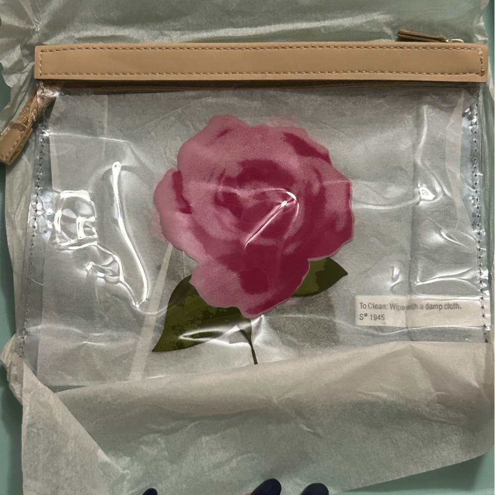 NEW Vintage Avon Pink Rose Clear Makeup Zipper Cosmetic Bag 7.5 x 2.25 x 6 in